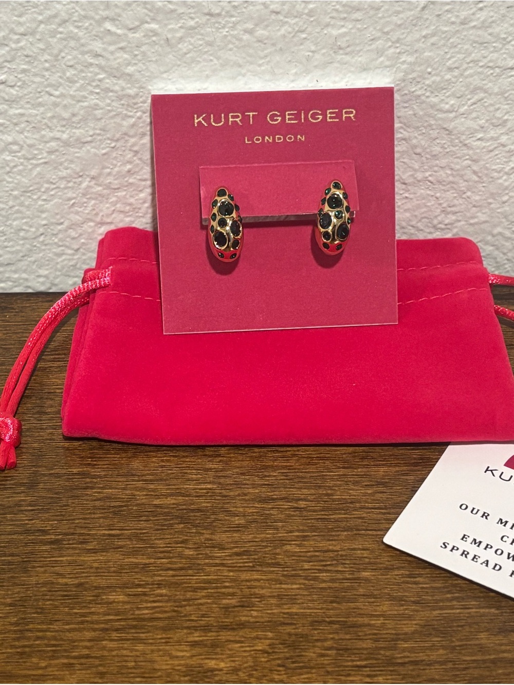 Kurt Geiger Gold Tone & Green Hoop Earrings with Dust Bag